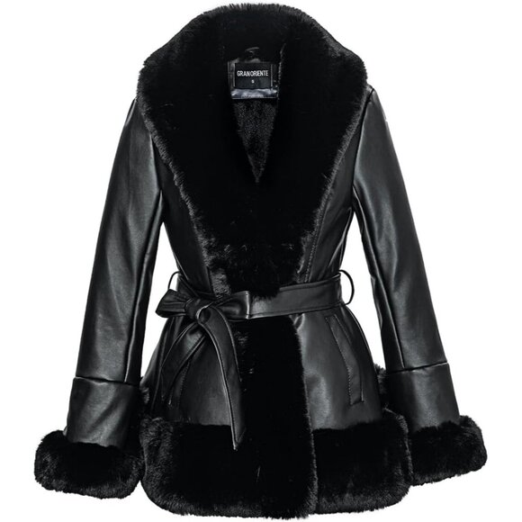 Women's Faux Leather Jacket with Faux Fur Collar Winter Long Sleeve Furry Trim - Picture 1 of 5